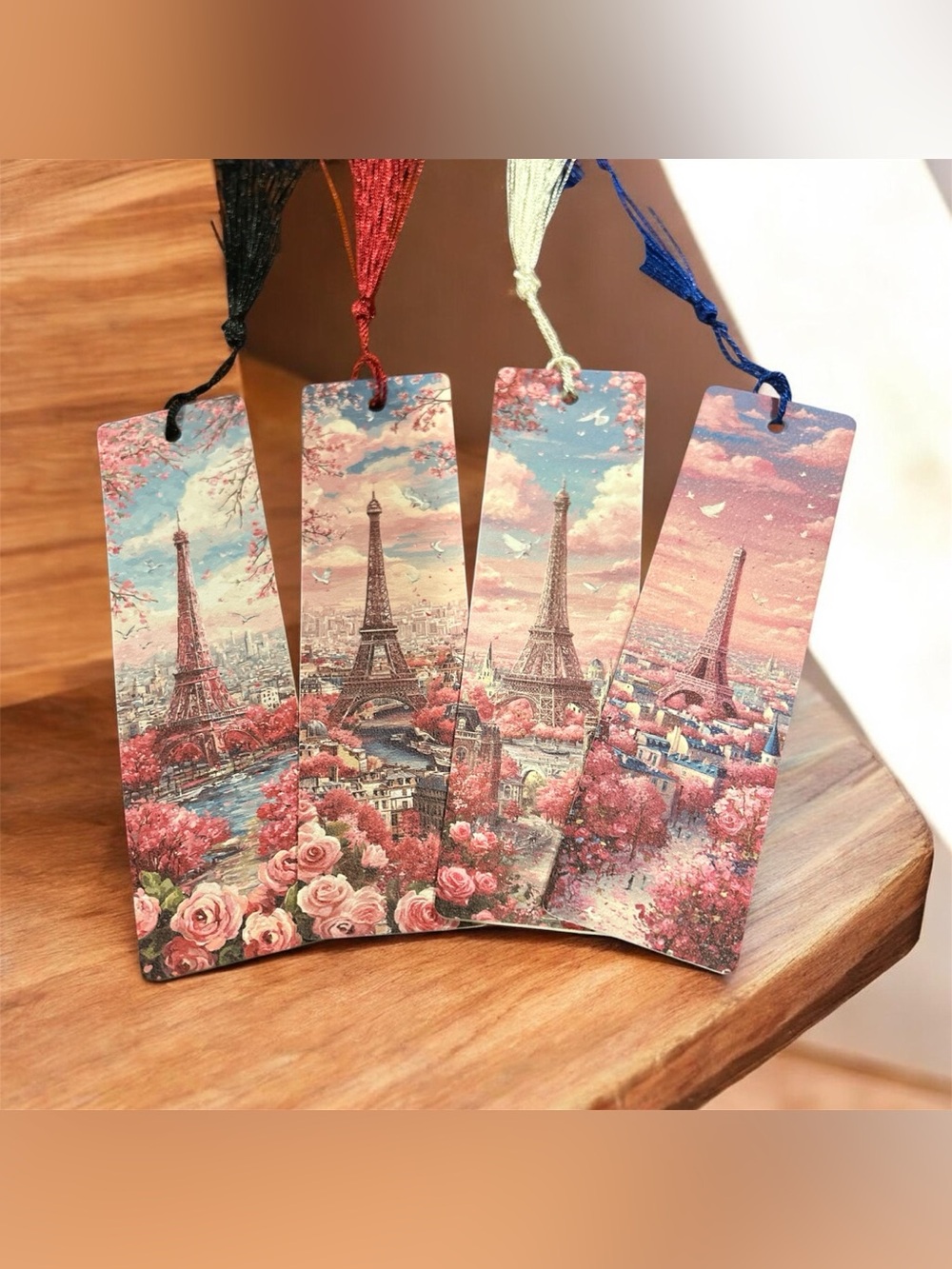 Eiffel Tower Floral, Soft, Leather Bookmark Set - Pink Blue Scenic Art
